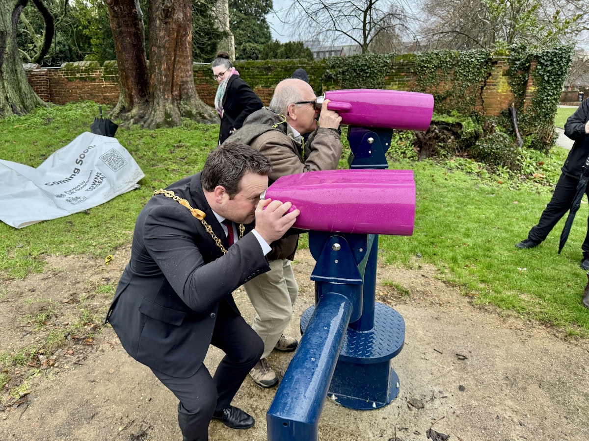 Council leader Neil MacDonald and Mayor Stefan Long were the first to try out the binoculars at Christchurch Mansion
